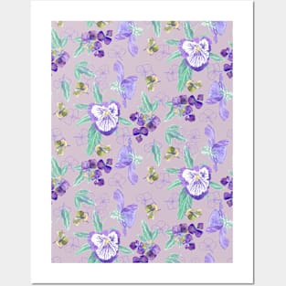 Watercolor pansies and hydrangeas on lilac Posters and Art